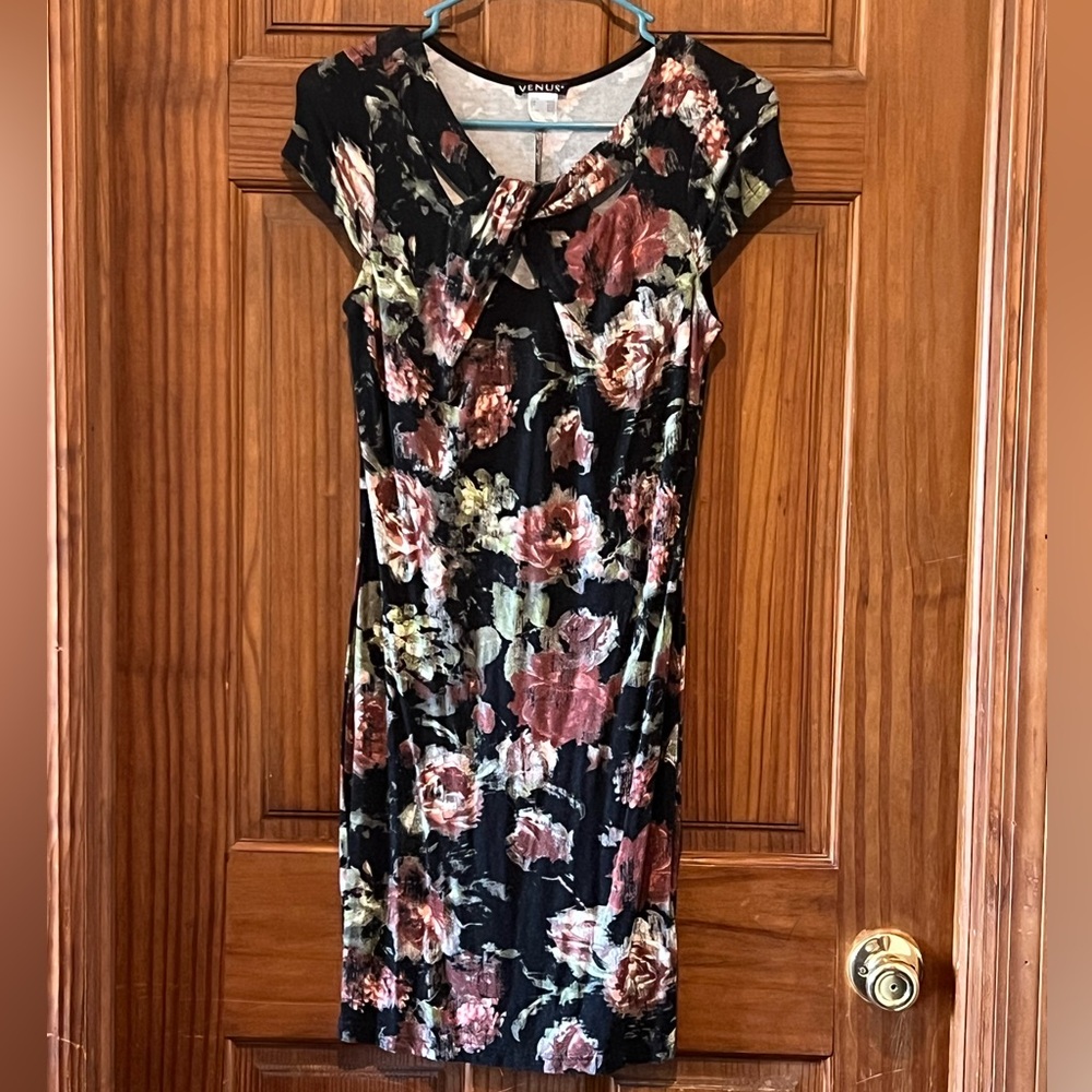 Venus fall floral midi dress black/browns, ivory